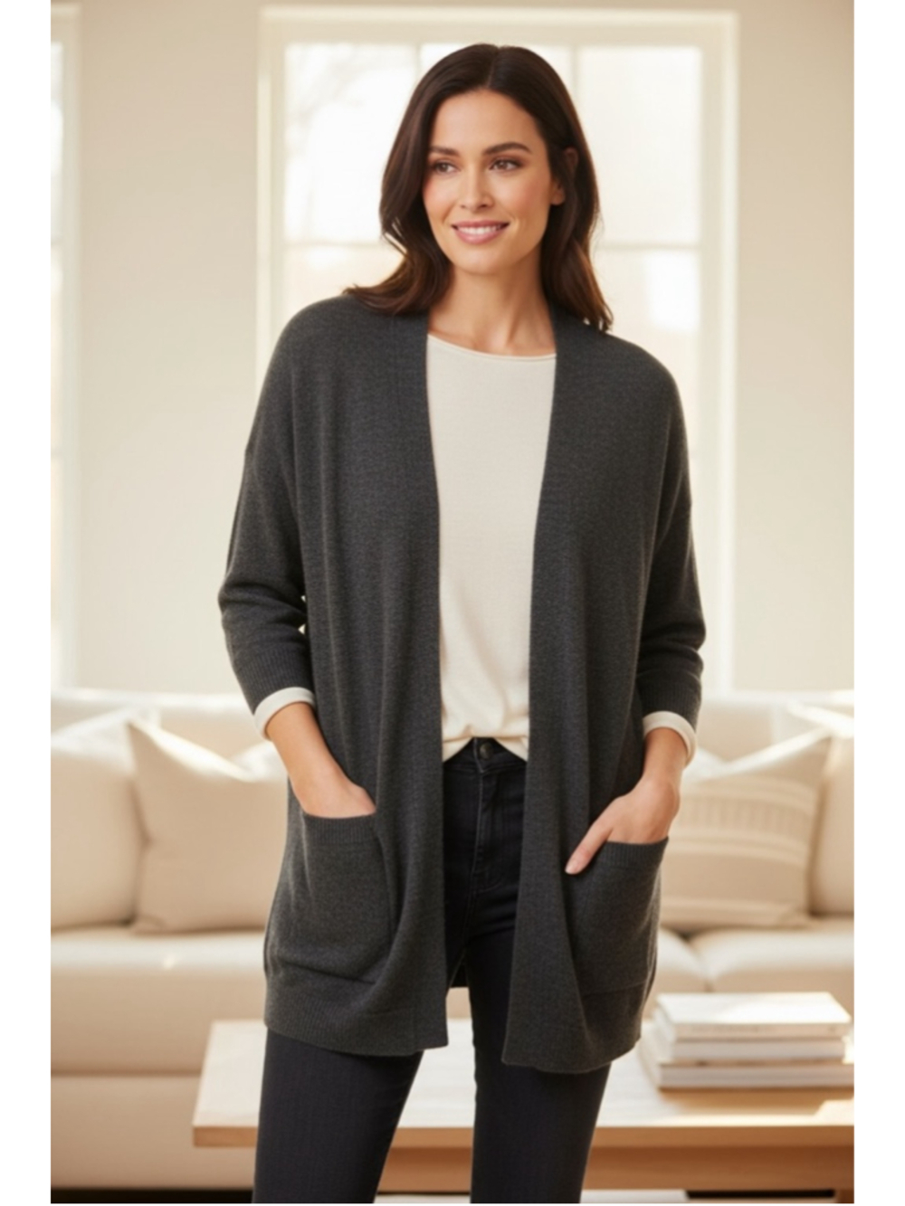 Monk & Lou Grey Open Front Cardigan Small Soft Knit Cozy Pockets